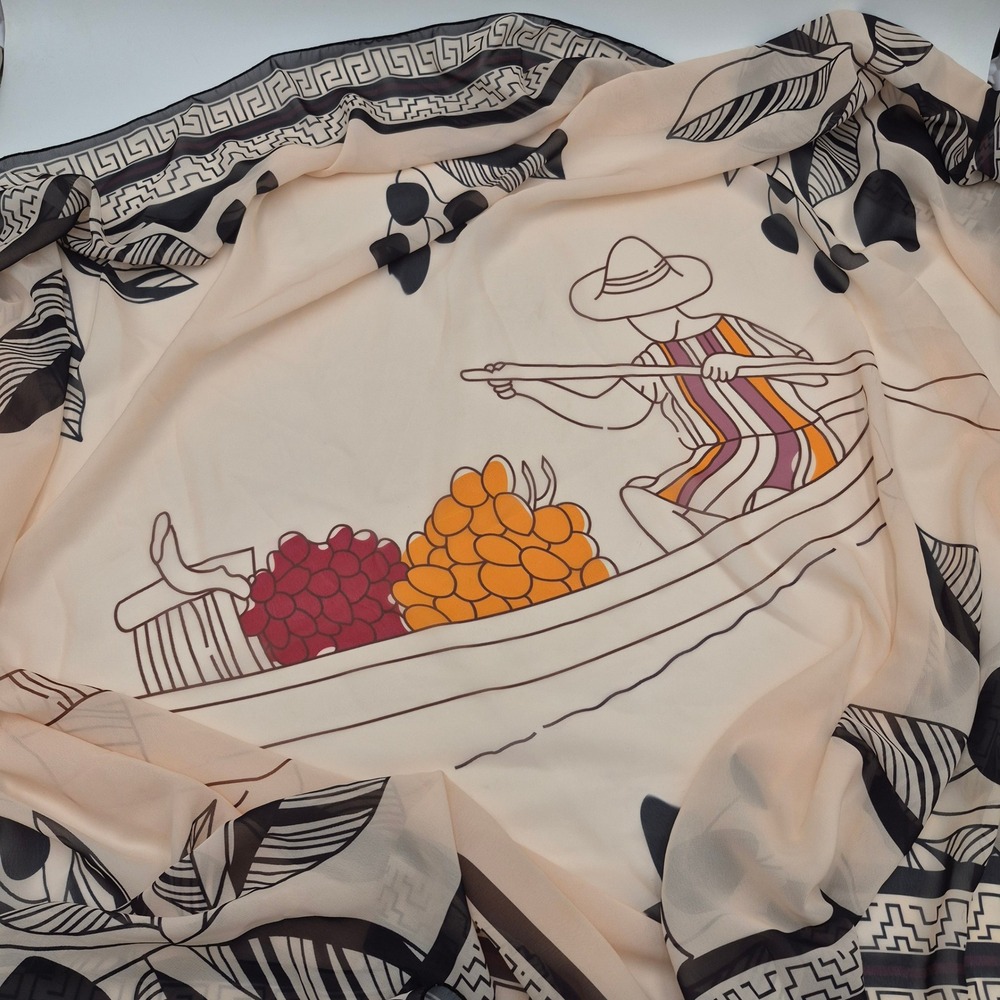 Artistic Boat Graphic Sheer Scarf Cream Black Greek Key Border Large Wrap